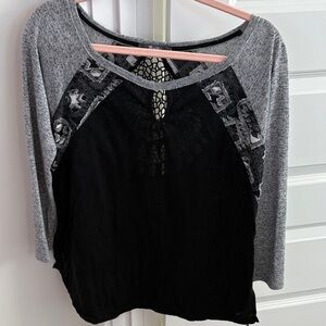 MISS ME women's long-sleeve top with crochet accents black size large boho